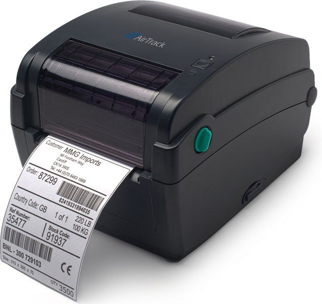 Airtrack DP-1 Thermal Transfer Desktop Printer, 203 dpi, print speed up to 4 ips, 4.25" Print Width, fits 5" Outer Diameter Label roll, USB/Ethernet/Parallel/RS-232 Interfaces.