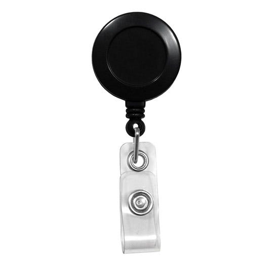 Round Badge Reels - Black - Spring Clip - Clear Strap - 100 per pack