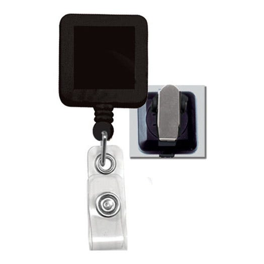 Black Square Badge Reel - 1.25'' - Spring Clip - Clear Strap - 25 per pack