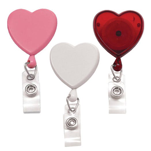 Heart Shaped Badge Reels - Swivel Spring Clip - Clear Strap - 25 per pack