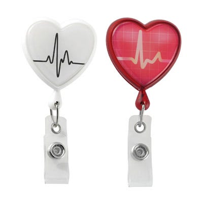 Heart Shaped EKG-Themed Badge Reels - Swivel Spring Clip - Clear Strap - 25 per pack