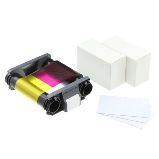 Evolis Badgy CBGP0001C Consumables Kit - YMCKO Ribbon & 30 mil Cards - 100 prints