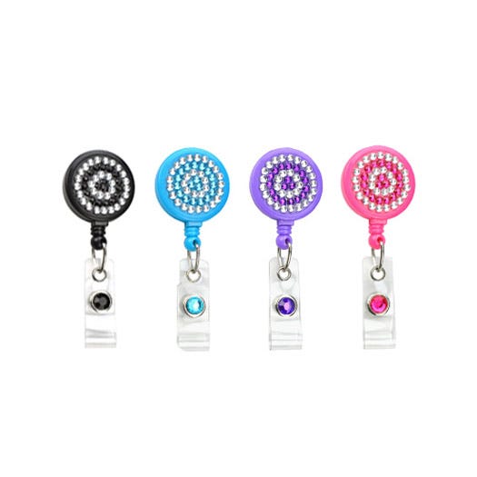 Rhinestone Badge Reels - 1.25'' - Belt Clip - Clear Strap w/ Rhinestone - 25 per pack